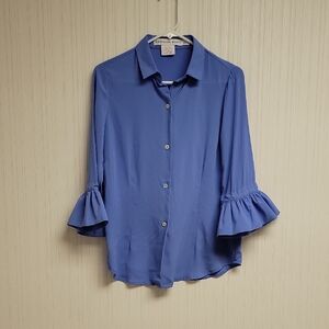 Gretchen Scott Designs French Blue Priss Blouse w/Ruffled Sleeves, Sz XS